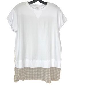 Southcott Threads Magnolia White Khaki Checkered Tee Shirt High Low Top MEDIUM